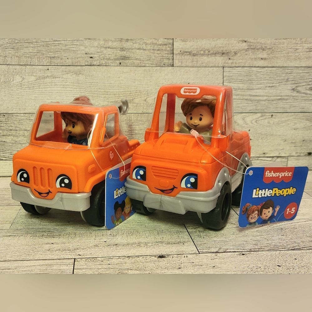 🎉 GINGERS FISHER PRICE  Orange Trucks Girl w Tow Truck & Boy with Pickup